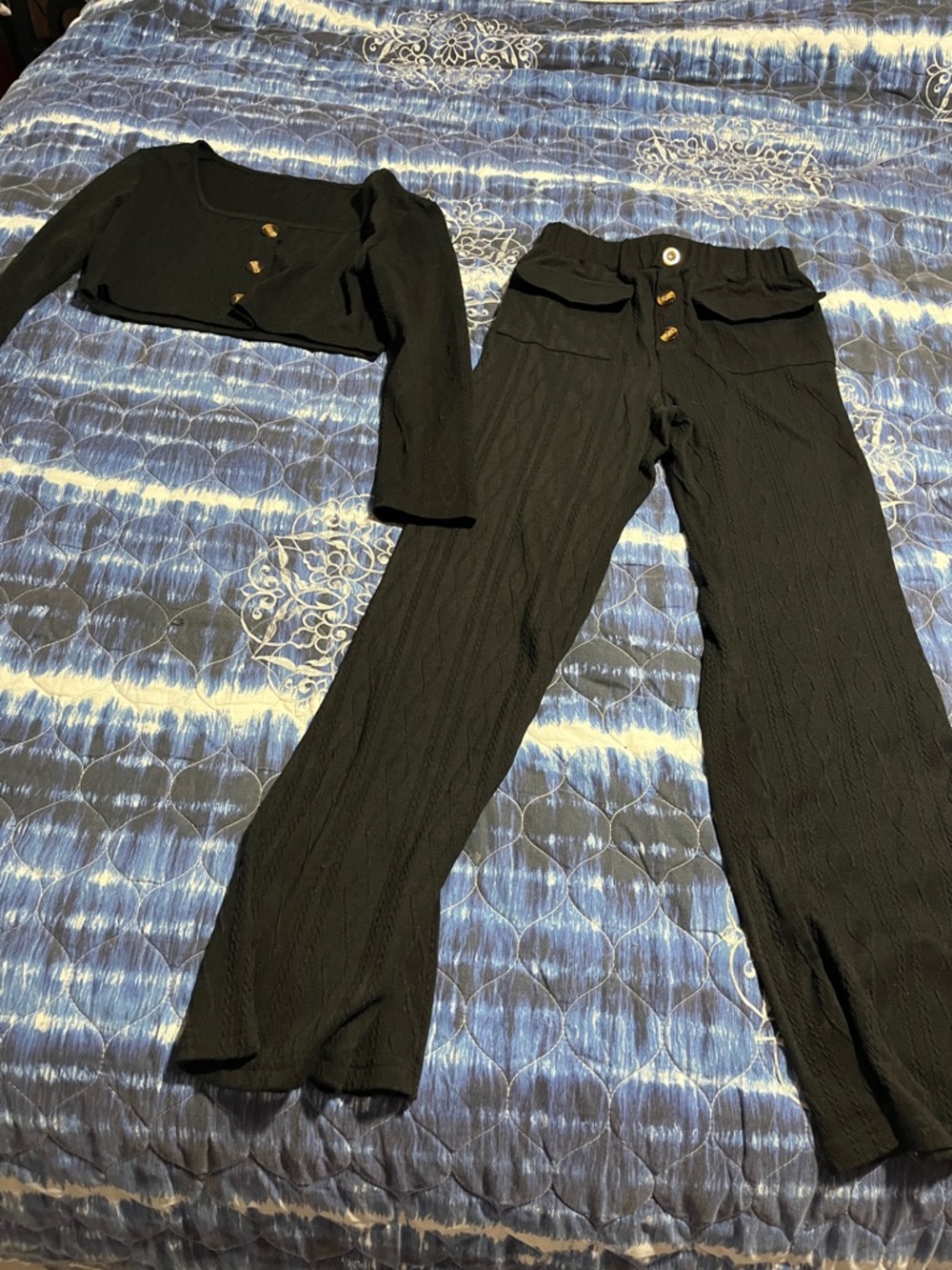 High-Rise Black Wide-Leg Knit Pants with Button Detail